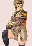  1girl :o ashiomi_masato bangs beige_background blonde_hair blue_eyes breasts brown_coat brown_headwear coat eyebrows_visible_through_hair fingerless_gloves gloves guilty_gear guilty_gear_strive hair_between_eyes highres leg_up looking_at_viewer medium_breasts millia_rage solo thigh-highs thighhighs_pull 