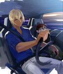  2boys amuro_tooru bangs belt blonde_hair blue_eyes blue_shirt brown_hair car_interior child closed_mouth collarbone collared_shirt commentary_request dark_skin dark_skinned_male driving edogawa_conan glasses green_pants grey_pants hair_between_eyes indesign looking_at_viewer male_focus meitantei_conan multiple_boys pants right-hand_drive seatbelt shirt short_hair short_sleeves signature sitting smile speed_lines steering_wheel 