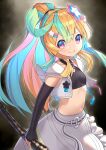  1girl absurdres amakawa_hano aqua_hair bettle_(b_s_a_n) black_gloves blonde_hair crop_top elbow_gloves fingerless_gloves flat_chest gloves grey_background hair_ornament hairclip highres long_hair looking_at_viewer midriff multicolored_hair navel pink_hair re:act skirt smile solo standing star_(symbol) star_hair_ornament two-tone_hair virtual_youtuber white_skirt 