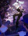 1girl bangs black_bodysuit black_footwear bodysuit bright_pupils bug butterfly city cityscape crown earrings flashlight gloves high_heels insect jewelry long_hair one_eye_closed original pointy_ears ponytail solo_focus teeziro violet_eyes w white_gloves white_hair white_pupils 