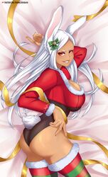  1girl alternate_costume animal_ears arm_up bangs bed_sheet bell boku_no_hero_academia breasts bunny_girl bunny_tail christmas dark_skin fur-trimmed_jacket fur_trim highres jacket large_breasts long_hair looking_at_viewer lying muscle muscular_female on_side parted_bangs patreon_username rabbit_ears red_eyes ribbon rinko_riban santa_costume smile tail thigh-highs very_long_hair white_hair 