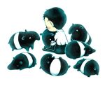  1boy animal animal_ears black_hair black_pants blush chibi collared_shirt commentary_request eyelashes from_behind hmh_(muragi) holding holding_animal long_sleeves lowres original pants shirt shirt_tucked_in simple_background sitting solo tail tapir tapir_ears tapir_tail white_background white_shirt 