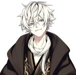  1boy animal_print brown_coat camui_kamui coat eyebrows eyebrows_behind_hair hair_between_eyes highres japanese_clothes looking_to_the_side messy_hair original platinum_blonde_hair scarf short_hair slit_pupils smile white_background white_scarf yellow_eyes 