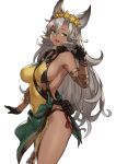  1girl animal_ears black_gloves breasts dark_skin erune gloves granblue_fantasy green_eyes hand_up highres houtengeki long_hair looking_at_viewer medium_breasts nemone open_mouth sideboob silver_hair simple_background smile solo thighs white_background 