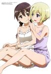  2girls :d absurdres bangs bare_arms blonde_hair blue_eyes breasts brown_eyes brown_hair cheek_poking collarbone erica_hartmann eyebrows_visible_through_hair feet_out_of_frame gertrud_barkhorn highres legs medium_breasts megami_magazine multiple_girls official_art open_mouth poking purple_shirt purple_shorts shirt short_hair shorts sidelocks simple_background sleepwear smile strike_witches twintails white_background white_shirt white_shorts world_witches_series 