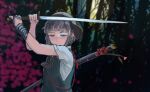  1girl 3735geriragouki arms_up ascot black_hairband black_neckwear black_ribbon blurry blush bob_cut bright_pupils closed_mouth commentary_request fighting_stance floral_print flower green_vest hair_ribbon hairband half-closed_eyes highres holding holding_sword holding_weapon katana konpaku_youmu looking_down moon night night_sky ribbon shirt short_hair silver_hair sky solo sword touhou tree upper_body vest weapon white_shirt wrist_wrap 