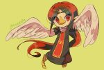  1girl artist_name beak black_dress brown_hair closed_mouth commentary_request dress feathered_wings floating_hair full_body green_background headband long_hair medli multicolored_hair pointy_ears ponytail red_eyes redhead short_sleeves simple_background solo the_legend_of_zelda tokuura watermark wings 