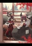  2girls alternate_costume autumn_leaves black_hair blurry_foreground bow brown_hair cafe cake cake_slice chair chinese_clothes cup detached_sleeves dress food from_above from_outside hair_bow hair_tubes hakurei_reimu hat highres holding holding_newspaper holding_saucer holding_tray layered_dress letterboxed looking_to_the_side mountain multiple_girls newspaper ookashippo platform_footwear pom_pom_(clothes) reading red_dress red_eyes red_headwear sandals saucer shameimaru_aya short_hair sidelocks sitting smile tabi table teacup tokin_hat touhou tray waitress white_legwear wooden_floor 