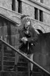  absurdres black_collar black_dress black_footwear boots bubble_tea collar cup disposable_cup dress drinking_straw hat highres holding holding_cup hololive hoshimachi_suisei jacket long_hair monochrome outdoors pantyhose photo_background plaid_headwear stairs tacshojosora 