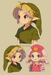  1boy 1girl ahoge artist_name blonde_hair blue_eyes closed_mouth collared_shirt commentary_request eyelashes green_headwear green_shirt grey_background hat highres jewelry link looking_at_viewer multiple_views open_mouth pointy_ears princess_zelda shirt short_sleeves sidelocks smile teeth the_legend_of_zelda tokuura triforce watermark 
