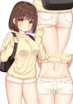  1girl ass backpack bag breasts brown_hair clothes_lift groin hand_up highres lifted_by_self long_sleeves looking_at_viewer medium_breasts midriff mizukoshi_(marumi) multiple_views navel orange_eyes original short_hair short_shorts shorts simple_background smile stomach sweater sweater_lift thighs white_background white_shorts yellow_sweater 