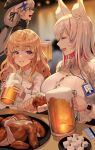  3girls alcohol animal_ears beer beer_mug bird blonde_hair blurry blurry_background blush breasts chicken cup destiny_child fox_ears fox_girl glasses highres large_breasts metis_(destiny_child) mug multicolored_hair multiple_girls office_lady pickle radish smile sweat tamamo_(destiny_child) two-tone_hair whisker_markings white_hair zig90 
