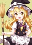  1girl apron bangs black_headwear black_skirt black_vest blonde_hair bow braid broom buttons collared_shirt eyebrows_visible_through_hair hair_bow hat hat_bow highres holding holding_broom kirisame_marisa long_hair looking_at_viewer open_mouth purple_bow purple_neckwear ruu_(tksymkw) shirt short_sleeves simple_background single_braid skirt smile solo standing touhou vest waist_apron white_apron white_bow white_shirt witch_hat yellow_background yellow_eyes 
