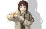  1girl asymmetrical_hair bomb brown_eyes brown_hair fukutuu3 hair_ornament hairclip highres iwakura_lain jacket jin_rou looking_at_viewer reference serial_experiments_lain short_hair simple_background solo terrorism white_background x_hair_ornament 