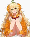  1girl aogisa barefoot blonde_hair blush dress eyebrows_visible_through_hair food_themed_hair_ornament girls_frontline green_eyes hair_ornament highres jacket long_hair looking_at_viewer no_shoes open_mouth orange_jacket panties pantyshot pumpkin_costume pumpkin_hair_ornament s.a.t.8_(girls_frontline) sitting soles solo underwear white_background white_panties 