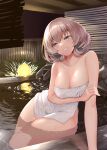  1girl arm_support arm_under_breasts bangs bathing blue_eyes blush breasts collarbone dripping eyebrows_visible_through_hair grey_hair grin hand_up head_tilt highres holding_arm large_breasts light looking_away mole mole_on_breast naked_towel narushima_kanna night onsen original refraction see-through shiny shiny_skin signature smile solo towel wading water wet wet_towel white_towel 