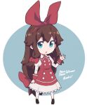  1girl aqua_eyes bow brown_hair chibi dress eyebrows_visible_through_hair followers full_body hair_bow hairband highres long_hair looking_at_viewer nazonazo_(nazonazot) original parted_lips red_bow red_dress solo very_long_hair 