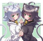  2girls ahoge animal_ear_fluff animal_ears bangs black_collar black_hair black_hoodie breast_press breasts cat_ears cat_girl cat_tail clothes_writing collar commentary ear_piercing eyebrows_visible_through_hair frown green_eyes grey_hair highres holding_hands hood hood_down hoodie interlocked_fingers large_breasts light_smile long_hair long_sleeves looking_at_viewer mole mole_under_eye multiple_girls ngetyan original outline piercing renge_(ngetyan) ringe_(ngetyan) siblings sisters symmetrical_docking tail v-shaped_eyebrows white_hoodie white_outline 