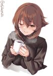  1girl alternate_costume blush breasts brown_hair closed_mouth coffee_cup coffee_mug cup disposable_cup ebifurya eyebrows_visible_through_hair green_eyes hair_between_eyes highres holding holding_cup kantai_collection large_breasts long_sleeves looking_at_viewer mug mutsu_(kantai_collection) one_eye_closed ribbed_sweater short_hair simple_background smile solo steam sweater turtleneck turtleneck_sweater twitter_username upper_body white_background 