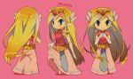 1girl artist_name bangs belt blonde_hair blue_eyes blush closed_mouth commentary_request dress gloves hair_ornament hands_together highres long_hair looking_at_viewer multiple_views pink_background pointy_ears princess_zelda skirt_hold sleeveless smile the_legend_of_zelda the_legend_of_zelda:_the_wind_waker tiara tokuura watermark