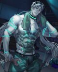  1boy abs aqua_eyes artist_name black_choker blurry blurry_background bracelet briefs chain choker commentary commission cowboy_shot cyborg depth_of_field ear_piercing english_commentary goggles goggles_on_head highres indoors jewelry jouvru long_hair looking_at_viewer male_focus muscle original pants piercing shirtless solo symbol_commentary tattoo twintails underwear unzipped very_long_hair watermark zipper 
