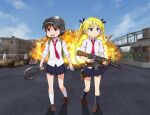  2girls :d backpack bag bangs black_legwear black_ribbon black_skirt blonde_hair blue_sky blush brown_eyes brown_footwear brown_hair building can car closed_mouth clouds collared_shirt commentary_request energy_drink explosion frown frying_pan ground_vehicle gun hair_ribbon holding holding_can holding_frying_pan holding_gun holding_weapon holster kill_me_baby long_hair looking_to_the_side loose_necktie mohya motor_vehicle multiple_girls necktie open_mouth oribe_yasuna outdoors playerunknown&#039;s_battlegrounds pleated_skirt red_bull red_neckwear ribbon rifle school_uniform shadow shiny shiny_hair shirt shoes short_hair skirt sky sleeves_rolled_up smile socks sonya_(kill_me_baby) star_(symbol) thigh_holster twintails violet_eyes walking weapon weapon_request white_legwear white_shirt 
