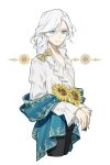  1boy blue_eyes bow collarbone eyebrows_visible_through_hair fingernails flower frilled_sleeves frills hair_between_eyes hair_bow hair_over_shoulder identity_v joseph_desaulniers kouri_(kyorosuukeeeeeee) long_fingernails long_hair long_sleeves male_focus official_alternate_costume ponytail puffy_sleeves simple_background sleeves_past_wrists smile solo sunflower white_background white_hair yellow_flower 