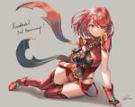  1girl breasts fingerless_gloves gloves highres ioriwu8 jewelry large_breasts pyra_(xenoblade) red_eyes redhead shorts signature simple_background skindentation solo xenoblade_chronicles_(series) xenoblade_chronicles_2 