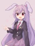  1girl :d ameshi_(rzuw4482) animal_ears blazer blush breasts collared_shirt cowboy_shot eyebrows_visible_through_hair finger_gun grey_background hair_between_eyes highres jacket long_hair looking_at_viewer medium_breasts necktie open_mouth pleated_skirt purple_hair purple_skirt rabbit_ears red_eyes red_neckwear reisen_udongein_inaba shirt simple_background sitting skirt smile solo touhou very_long_hair white_shirt 