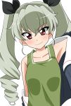  1girl alternate_costume anchovy_(girls_und_panzer) arm_up bangs black_ribbon blue_jacket closed_mouth commentary drill_hair eyebrows_visible_through_hair girls_und_panzer green_hair green_shirt highres jacket long_hair long_sleeves looking_at_viewer military military_uniform ooarai_military_uniform open_clothes open_jacket red_eyes ribbon riding_crop shirt simple_background smile solo tank_top twin_drills twintails uniform upper_body wakku_kan white_background 