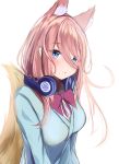  1girl animal_ear_fluff animal_ears bangs blue_cardigan blue_eyes blush bow bowtie cardigan commentary_request fox_ears fox_tail go-toubun_no_hanayome headphones headphones_around_neck highres kemonomimi_mode long_hair long_sleeves nakano_miku partial_commentary pink_hair purple_bow purple_neckwear sencho_(whtv8535) simple_background solo tail upper_body white_background 