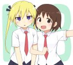  2girls :&lt; :d bangs black_ribbon black_skirt blonde_hair blush brown_eyes brown_hair collared_shirt commentary eyebrows_visible_through_hair hair_between_eyes hair_ribbon happy highres kill_me_baby locked_arms long_hair looking_at_viewer mohya multiple_girls necktie open_mouth oribe_yasuna pleated_skirt red_neckwear ribbon school_uniform shiny shiny_hair shirt short_hair short_sleeves skirt smile sonya_(kill_me_baby) standing twintails upper_body violet_eyes white_background white_shirt 
