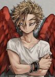  1boy bangs blonde_hair boku_no_hero_academia bracelet closed_mouth collarbone crossed_arms facial_hair feathered_wings hawks_(boku_no_hero_academia) jewelry kadeart looking_at_viewer male_focus red_wings shirt short_hair short_sleeves solo spiky_hair t-shirt unamused upper_body white_shirt wings 