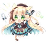  1girl :d animal_ear_fluff animal_ears arm_up bangs beret black_bow blonde_hair blue_footwear blue_hair blue_legwear blue_skirt blush bow braid breasts brown_hair brown_headwear cat_ears cat_girl cat_tail chibi commentary_request eyebrows_visible_through_hair food frilled_skirt frills full_body green_eyes hair_between_eyes hat kneehighs long_hair looking_at_viewer medium_breasts multicolored_hair open_mouth original puffy_short_sleeves puffy_sleeves shikito shirt shoes short_sleeves simple_background skirt smile solo spoon streaked_hair striped tail twin_braids two-tone_hair vertical-striped_skirt vertical_stripes very_long_hair white_background white_shirt wrist_cuffs 