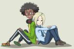  2boys bakugan bakugan:_battle_planet black_hair blonde_hair closed_mouth glasses green_eyes happy kazami_shun looking_at_viewer simple_background sitting smile teeth wynton_styles 