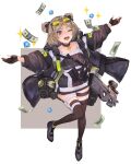  1girl absurdres bangs blurry blush border brown_coat brown_dress brown_gloves brown_legwear bullpup choker coat collarbone commentary crystal diamond_(gemstone) dollar_bill double_bun dress fingerless_gloves floating_clothes gas_mask girls_frontline gloves grey_background grey_footwear gun hands highres jewelry jumping knees_together_feet_apart money one_eye_closed open_clothes open_coat open_mouth optical_sight outstretched_arms p90 p90_(girls_frontline) parted_bangs pendant pouch red_eyes reraise shoes short_dress short_hair simple_background smile solo sparkle standing standing_on_one_leg strap submachine_gun sunglasses teeth thigh-highs thigh_strap two-tone_background weapon white_background white_border yellow-tinted_eyewear 
