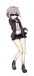  bare_legs blush girls_frontline grey_hair highres jacket kinbakuman long_legs m200_(girls_frontline) necktie open_mouth pleated_skirt shoes skirt sneakers 