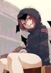  1girl :d alternate_costume bat_wings blurry book_stack bookshelf bright_pupils commentary cowboy_shot depth_of_field detached_wings fang futatsuki_eru hair_between_eyes head_tilt head_wings hood hood_up hoodie koakuma leaning_forward long_sleeves looking_at_viewer open_mouth red_eyes redhead shorts sitting slit_pupils smile solo touhou white_pupils wings 