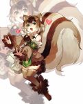  1girl absurdres animal_ears blush brown_hair brown_legwear eyebrows_visible_through_hair full_body green_eyes heart heart-shaped_pupils highres looking_at_viewer monster_girl monster_girl_encyclopedia multicolored_hair open_mouth over-kneehighs ratatoskr_(monster_girl_encyclopedia) rnskkn short_hair smile solo squirrel_ears squirrel_girl squirrel_tail symbol-shaped_pupils tail thigh-highs two-tone_hair white_hair 