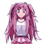  1girl alternate_hair_length alternate_hairstyle artist_name bangs bra_strap casual commentary doki_doki_literature_club english_commentary eyebrows_visible_through_hair eyes_visible_through_hair frown hair_ornament hair_ribbon hairclip lirilias long_hair looking_at_viewer natsuki_(doki_doki_literature_club) pink_eyes pink_hair pink_skirt red_ribbon ribbon shirt simple_background skirt solo swept_bangs twintails wavy_mouth white_background white_shirt 