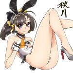  1girl adapted_costume ahoge akizuki_(kantai_collection) animal_ears bare_legs black_hair bow bowtie bunny_tail character_name commentary_request detached_collar fake_animal_ears grey_eyes high_heels kantai_collection leotard looking_at_viewer neckerchief playboy_bunny ponytail rabbit_ears silver_footwear simple_background smile solo strapless strapless_leotard tail two-tone_gloves uzuki_kosuke white_background white_leotard wrist_cuffs yellow_neckwear 
