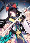  1girl black_hair butterfly_ornament chinese_clothes dan_fei dress frilled_sleeves frills hair_tubes hat highres long_hair long_sleeves smile sword thunderbolt_fantasy violet_eyes weapon xunling 