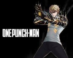  1boy absurdres aura black_background black_sclera blonde_hair cyborg determined ear_piercing earrings electricity eyebrows eyebrows_behind_hair fighting_stance genos gesture highres jewelry male_focus mechanical_arms one-punch_man piercing powering_up shirt short_hair sleeveless sleeveless_shirt white_shirt yellow_eyes yngh2445 