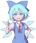  1girl :d absurdres blue_bow blue_dress blue_eyes blue_hair blush bow cirno collared_shirt commentary_request dress flat_chest hair_bow hand_on_hip highres ice ice_wings index_finger_raised kamepan44231 looking_at_viewer open_mouth puffy_short_sleeves puffy_sleeves red_neckwear red_ribbon ribbon shirt short_hair short_sleeves simple_background smile solo touhou upper_body upper_teeth white_background white_shirt wings 