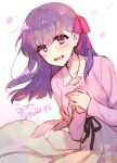  1girl bangs blush breasts collared_shirt dress eyebrows_visible_through_hair fate/stay_night fate_(series) hair_ribbon happy_birthday highres leaning_to_the_side long_hair long_sleeves looking_at_viewer matou_sakura open_mouth own_hands_together petals pink_dress purple_hair red_ribbon redrop ribbon shirt smile solo upper_body violet_eyes wind wind_lift 