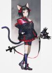  1girl animal_ears black_hair black_jacket blush buttons cat_ears cat_girl cat_tail closed_mouth highres holding holding_staff hood hood_down jacket nonokuro original red_eyes red_skirt short_hair skirt sleeves_past_wrists solo staff standing tail 