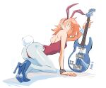  1girl all_fours animal_ears anonymoose arm_support ass blue_footwear bracelet bunny_tail fake_animal_ears flcl guitar haruhara_haruko high_heels highres instrument jewelry leotard pantyhose pink_hair playboy_bunny rabbit_ears short_hair simple_background smile solo tail white_legwear 
