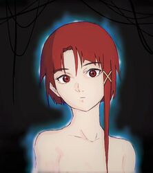  1girl asymmetrical_hair bare_shoulders brown_eyes brown_hair closed_mouth dorothy_xi hair_ornament hairclip iwakura_lain looking_at_viewer serial_experiments_lain short_hair simple_background solo x_hair_ornament 