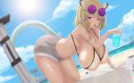  1girl absurdres animal_ears aqua_nails arknights beach bikini bikini_top breasts clouds cloudy_sky commentary_request cup drinking_straw eyewear_on_head hanging_breasts highres huge_breasts leginfs_(ppppriver) palm_tree platinum_blonde_hair saliva shorts sky solo sunglasses swimsuit sword tail tree utage_(arknights) violet_eyes weapon wet 