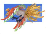  animal_focus bird blue_background border commentary_request from_below full_body ho-oh koala_0l no_humans pokemon pokemon_(creature) red_eyes solo talons white_border 